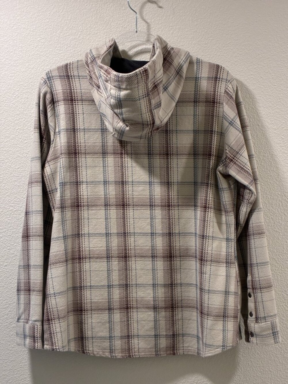 KUHL Kleo Taupe/Brown/Blue Plaid Twill Long Sleeve Hooded Shacket Women M NEW - Picture 2 of 15